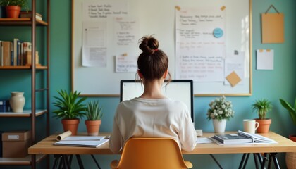 Woman sits at home office desk working on computer. Organized workspace with whiteboard, notes. Cozy home office environment. Productive, organized. Modern interior design. Comfortable setup. Pro,