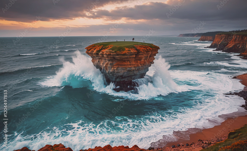 Aufkleber rocky island is surrounded by the ocean and the waves are crashing against it. the water is blue and