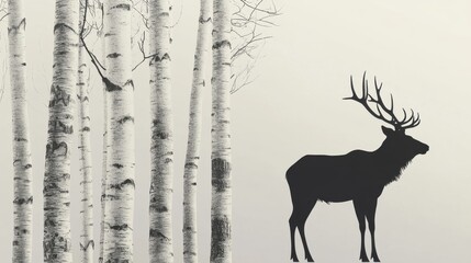 Majestic elk silhouette among birch trees