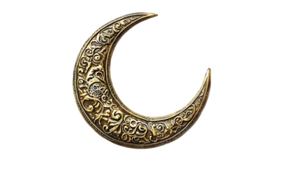 Intricate Golden Crescent Moon Design, Isolated on Transparent B