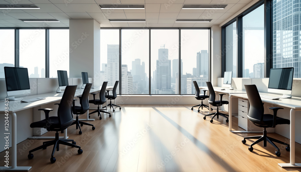 Poster modern minimalist office space with city view. empty desks, chairs with computers arranged in rows. 