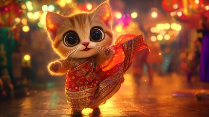 A cat in a red sari is dancing on a street. The cat is wearing a red sari and is smiling