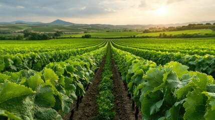 Sunset vineyard rows, hills, agriculture, farming, landscape, wine production, nature, rural
