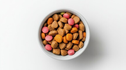Top view of a bowl filled with dry pet food kibble.