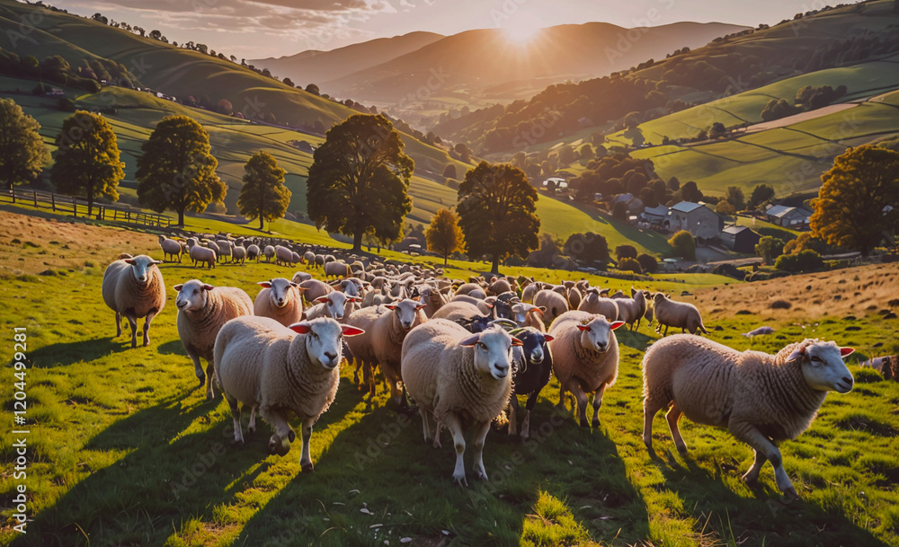 Poster Herd of sheep are grazing in a field. The sheep are spread out across the field, with some standing closer to the foreground and others further back. The sun is shining brightly, casting a warm glow