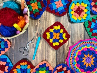 Crocheted colorful mandala and granny square samples handmade art photo handiwork needlework hobby...