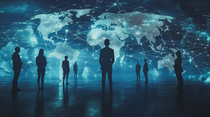 abstract professional business team people innovation connection of line from nail node to node on map background , networking concept