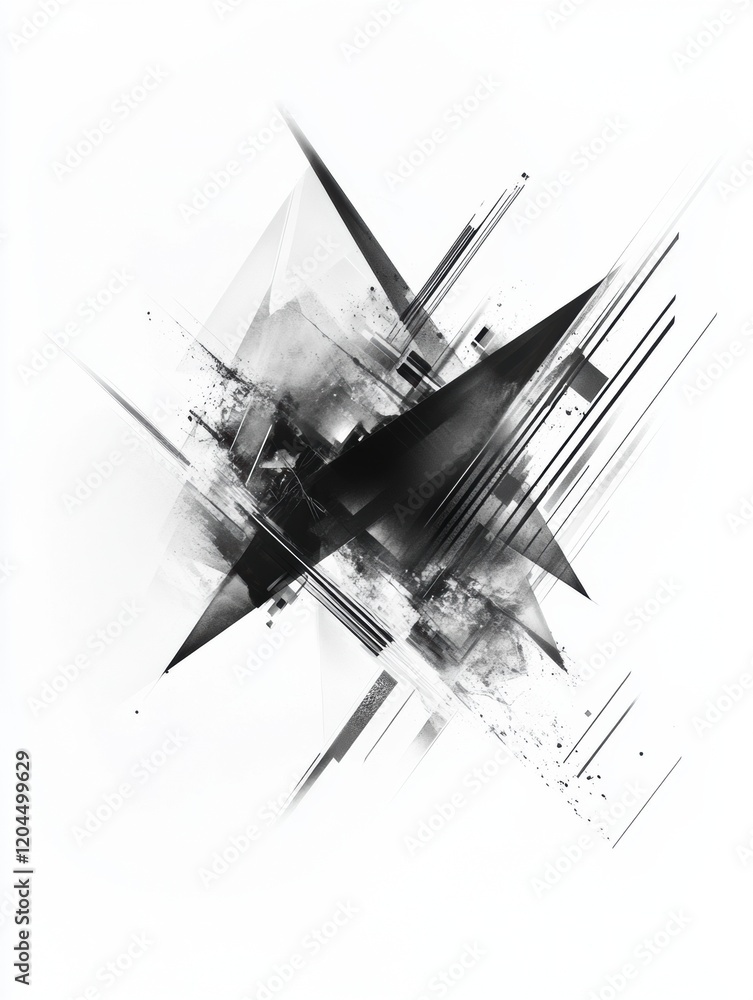 Poster abstract composition featuring sharp angles and contrasting shades in a dynamic monochrome style. ge