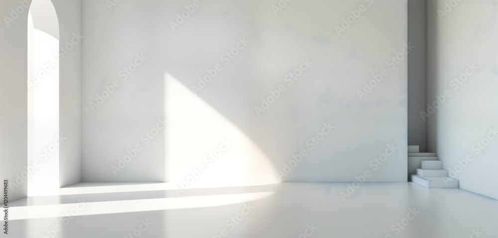Poster empty modern studio room with white walls, floor. sunlight creates shadows on surfaces. small stairc