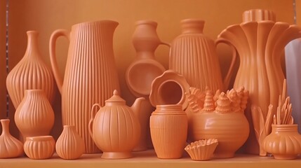 Collection of terracotta pots and vases in coral orange