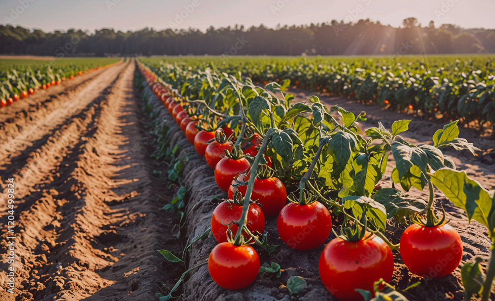 Poster Row of red tomatoes are growing in a field. The field is surrounded by dirt and the tomatoes are in various stages of growth