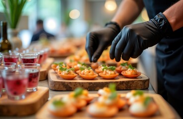 Waiter arranges gourmet appetizers on buffet table. Preparing delicious food for special event. Catering staff carefully places shrimp, cheese appetizers on small serving dishes. Presentation