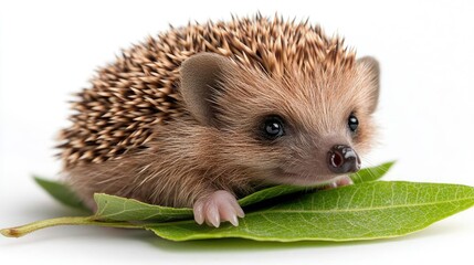 Obraz premium Adorable baby hedgehog on green leaf, isolated white background, nature wildlife