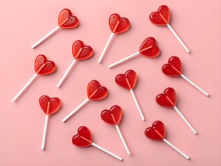Colorful heart-shaped lollipops arranged neatly on a pastel pink surface for a playful and sweet aesthetic, perfect for celebrations and festivities