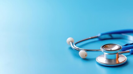 Blue stethoscope on blue background; healthcare concept; medical website banner