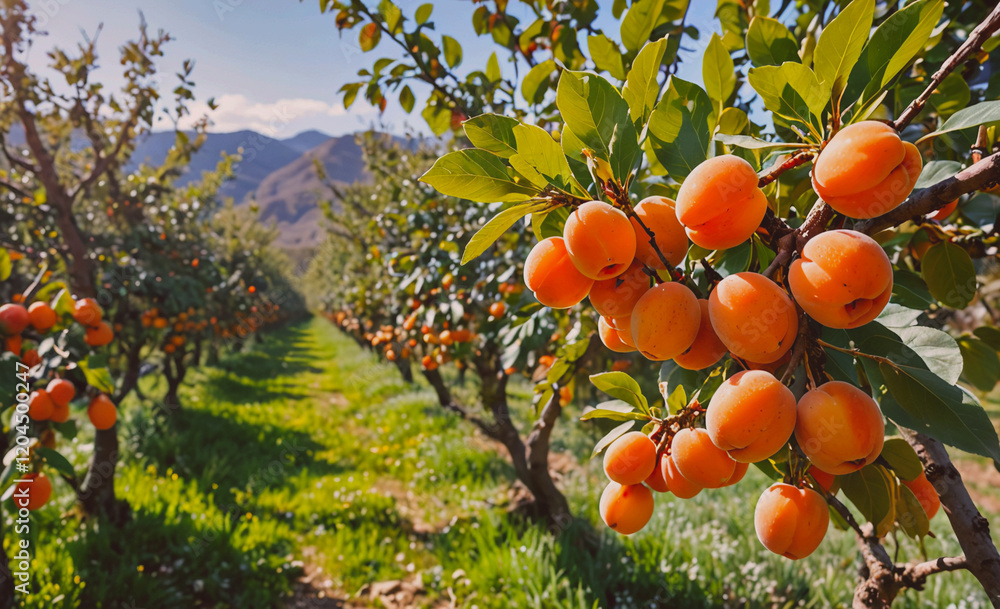 Poster Row of orange trees with fruit hanging from the branches. The trees are in a field with a green grassy area in between