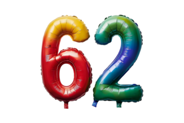 Iridescent Number Sixty-Two Balloons on Transparent Background