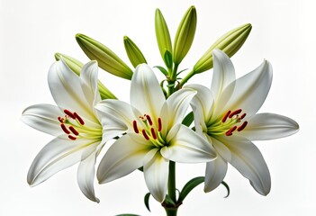 Fototapeta premium Close up view of beautiful white lilies. Fresh flowers with vibrant green buds. Isolated on white background. Elegant floral arrangement. Perfect for floral design projects as nature theme. Excellent