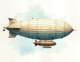 Vintage illustration of large airship with smaller gondola in sky. Retro style, classic design. Watercolor graphic style. Beautiful retro transport. Flying vehicle. Classic airship. Air travel.