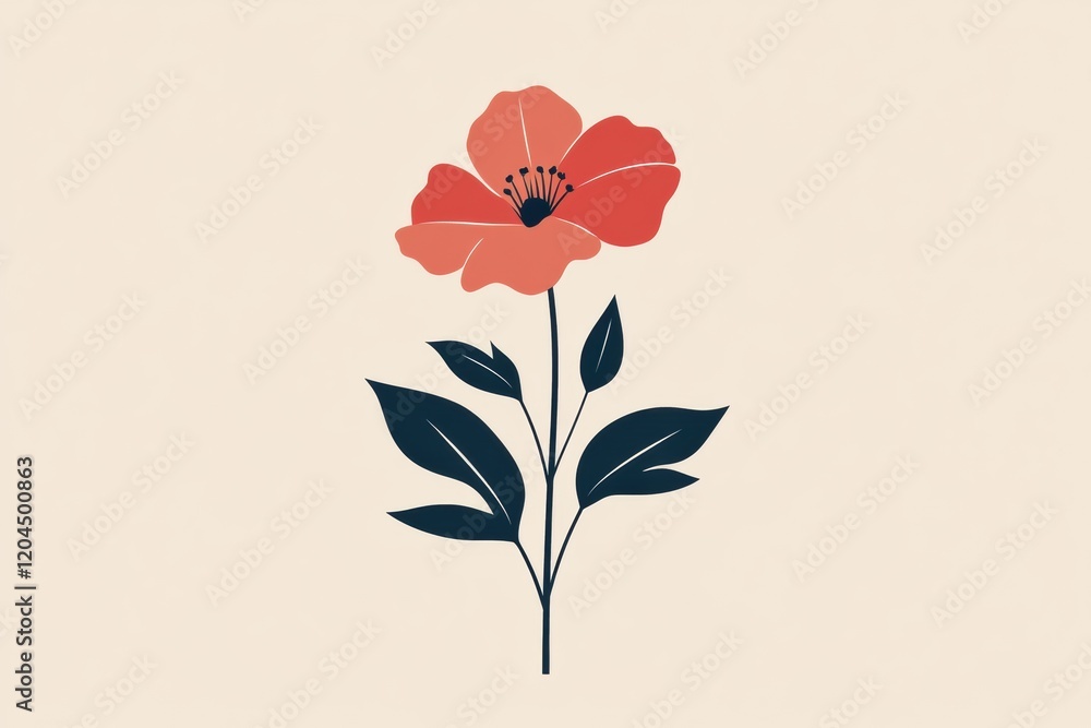 Aufkleber stylized red flower with green leaves on a light background showcasing simple botanical art design. 