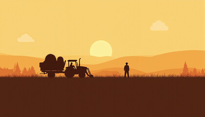 Silhouetted farmer observing tractor at sunset