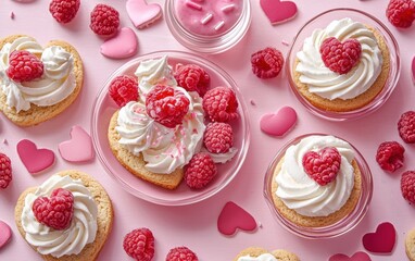 A Valentine themed dessert setup with heart shaped cookies, fresh raspberries, and whipped cream on a pink backdrop