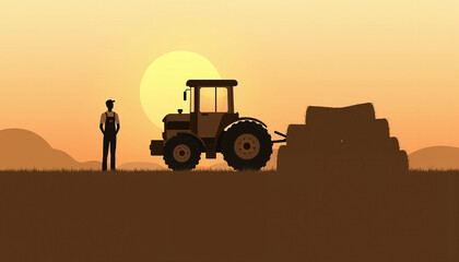 Obraz premium Farmer observing tractor loading hay against sunset background
