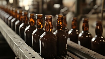Amber Glass Bottles on Conveyor Belt Industrial Production Line