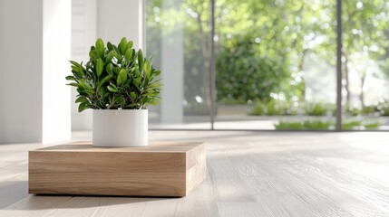 Fototapeta premium Lush green plant in white pot on wooden stand, bright interior with large window and garden view.