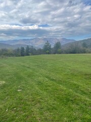 A wide green field extending towards a distant mountain range under a partly cloudy sky, surrounded by scattered trees and serene natural beauty.