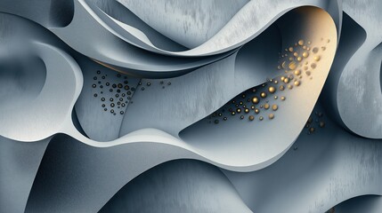 Obraz premium Abstract gray 3D background with waves and small golden spheres