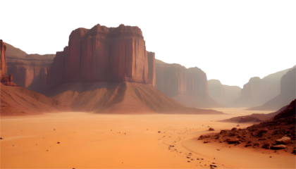Martian landscape isolated on transparent background, canyon and rock mountains in desert land with sand and orange atmosphere view, cosmic and astronomy exploration and travel