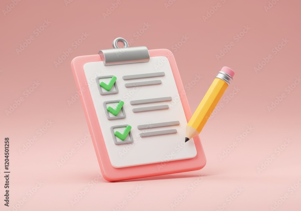 Poster a 3d illustration of a checklist with three green checkmarks on a piece of white paper placed on a p