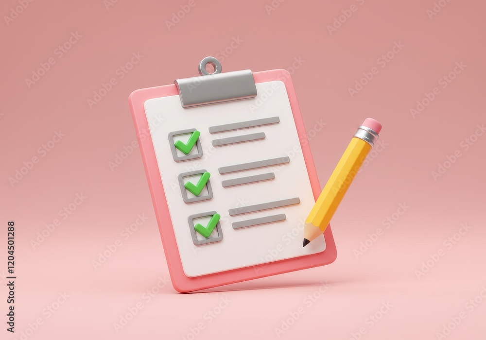 Aufkleber a 3d illustration of a checklist with three green checkmarks on a piece of white paper placed on a p