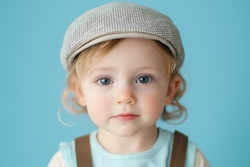 Portrait of a child with light hair in a cap on a blue background