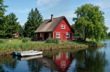 Obraz premium Red thatched house by calm lake. Boats rest by shore. Green trees frame peaceful scene. Countryside nature setting near Baltic Sea. Peninsula landscape. Tranquil rural scene. Perfect for vacation
