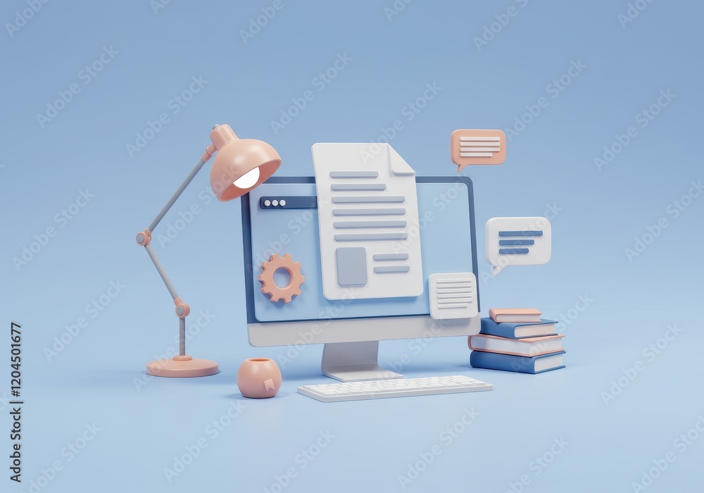 Poster a 3d illustration of an online learning environment of a computer monitor displaying a digital docum