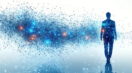 Silhouette of a businessman walking towards a digital data stream.