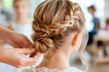 Fototapeta premium Elegant Braided Hairstyle: Blonde Girl Getting Ready for Wedding. Stunning Bridal Hairdo with Intricate Braid and Bun, Perfect for Bridesmaids or Special Occasions. Professional Hair Styling, Beauty, 