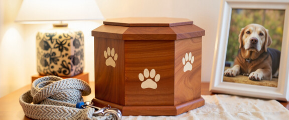 Wooden pet urn with paw prints on table, honoring a beloved pet