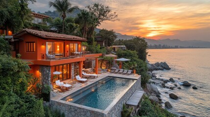 Fototapeta premium Luxurious villa by the ocean at sunset, showcasing a serene pool and lush surroundings with distant hills