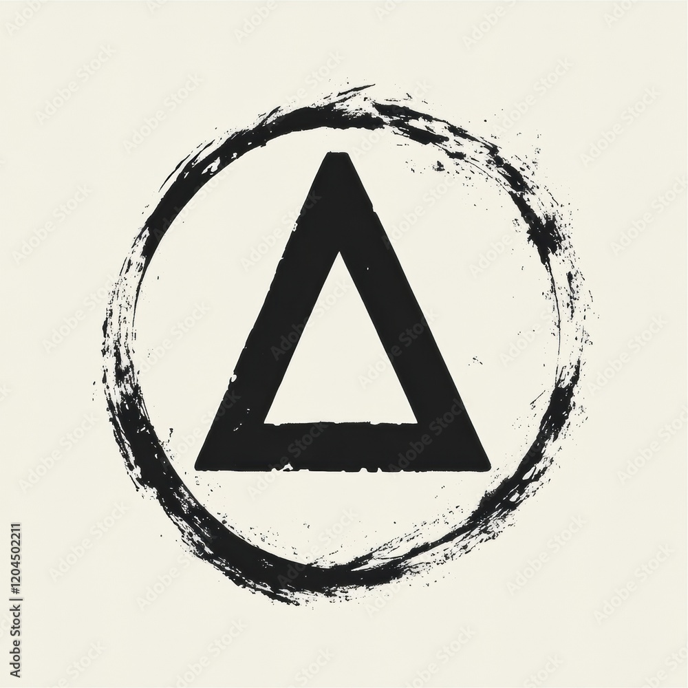 Poster Symbol of a triangle enclosed in a circular brush stroke showcasing a unique design aesthetic in minimalist art. Generative AI