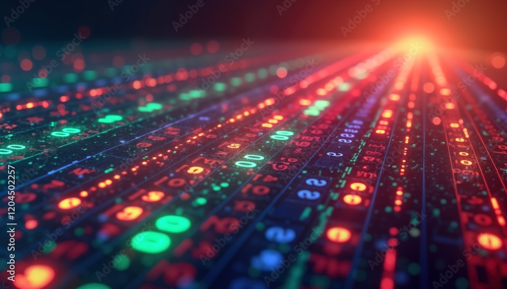 Aufkleber Colorful abstract digital numbers stream forward. Colorful lines of data flow. Futuristic tech background. Dynamic display concept. Intense data flow illustrates artificial intelligence information