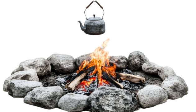 Metal Kettle Above Campfire with Grey Stones
