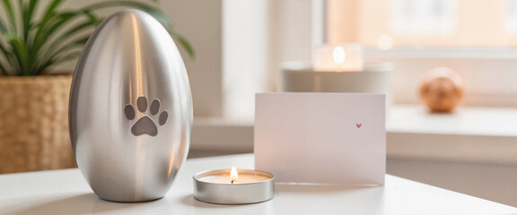 Elegant silver pet urn on bedside table with candle, remembrance ritual