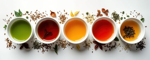 Assortment of six different types of tea in white ceramic cups. Colorful brewed teas with tea leaves. Variety of tastes, flavors. Healthy beverages displayed on white background. Collection of