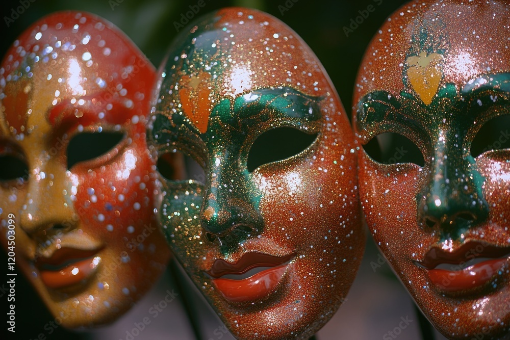 Poster three colorful masks with glitter details for various uses