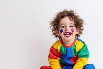Portrait of smiling toddler wearing colorful clown costume during carnival party.