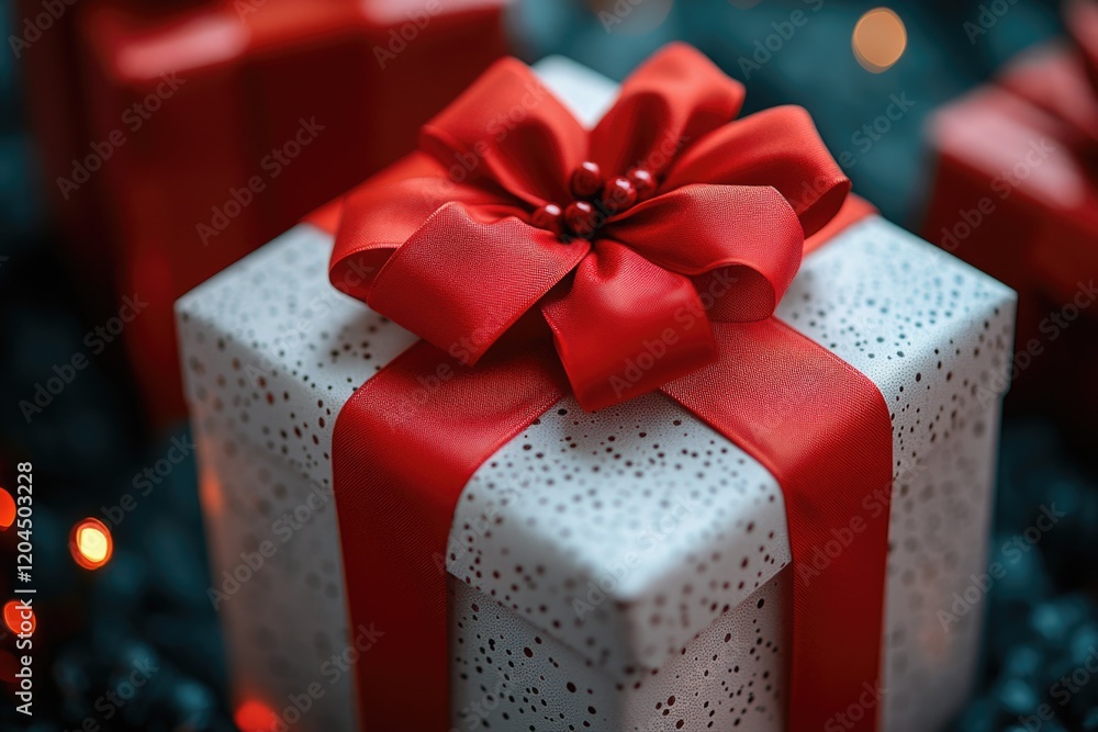 Poster a small gift box with a red ribbon tied around it, perfect for wrapping presents or using as a decor