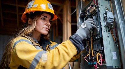 Wearing safety equipment, a female commercial electrician is focused on a fuse box, highlighting her commitment to professionalism.